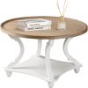 Wnutrees Farmhouse Round Coffee Table, Wood Tray Top with Storage Shelf