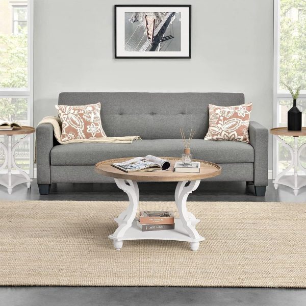 Wnutrees Farmhouse Round Coffee Table, Wood Tray Top with Storage Shelf
