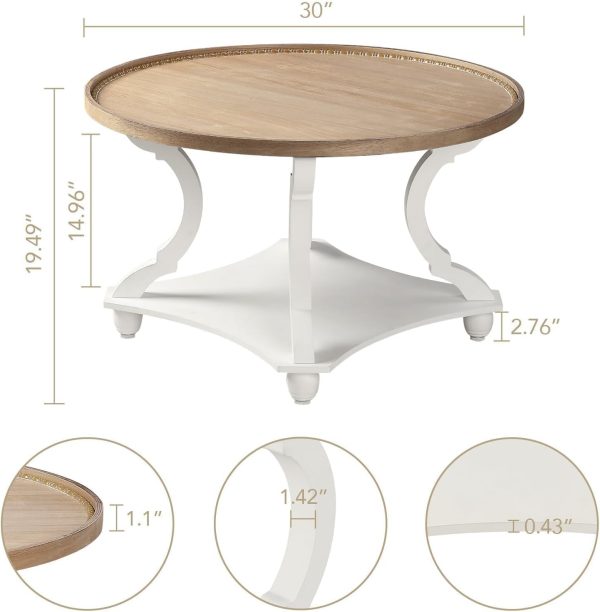 Wnutrees Farmhouse Round Coffee Table, Wood Tray Top with Storage Shelf