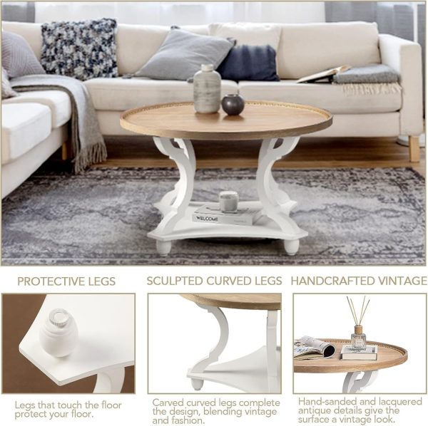 Wnutrees Farmhouse Round Coffee Table, Wood Tray Top with Storage Shelf