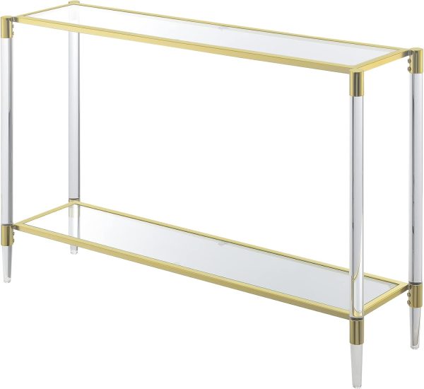 Convenience Concepts Royal Crest Acrylic Glass Console Table 44.25" - Modern 2-Tier Tempered Glass Hall Table with Storage Shelf, Gold Chrome Frame with Acrylic Legs for Entryway, Hallway, Glass, Gold