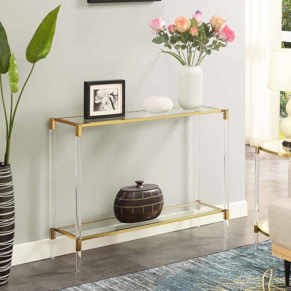 Convenience Concepts Royal Crest Acrylic Glass Console Table 44.25" - Modern 2-Tier Tempered Glass Hall Table with Storage Shelf, Gold Chrome Frame with Acrylic Legs for Entryway, Hallway, Glass, Gold