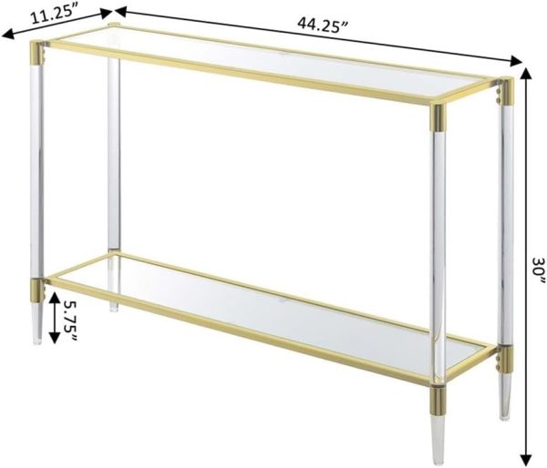 Convenience Concepts Royal Crest Acrylic Glass Console Table 44.25" - Modern 2-Tier Tempered Glass Hall Table with Storage Shelf, Gold Chrome Frame with Acrylic Legs for Entryway, Hallway, Glass, Gold
