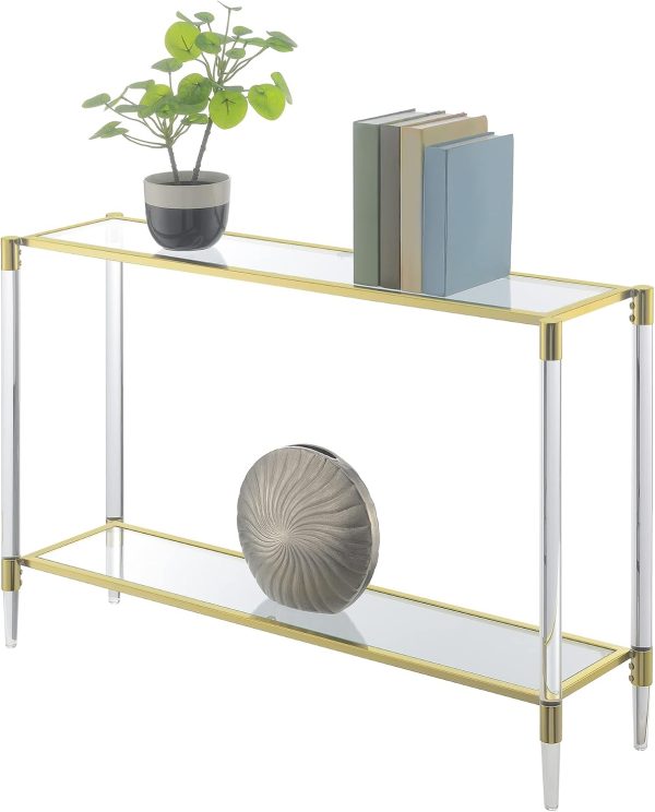 Convenience Concepts Royal Crest Acrylic Glass Console Table 44.25" - Modern 2-Tier Tempered Glass Hall Table with Storage Shelf, Gold Chrome Frame with Acrylic Legs for Entryway, Hallway, Glass, Gold