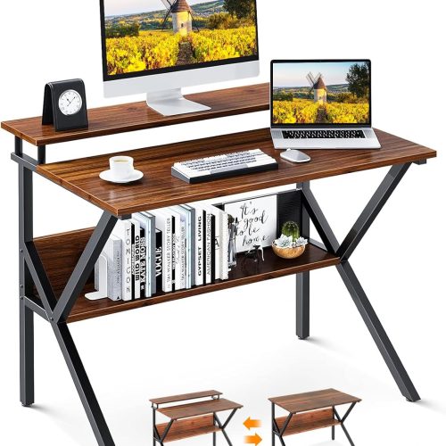 ODK 27.5 Inch Small Desk with Storage & Monitor Stand, Deep Brown | Small Computer Desk for Small Spaces, Study Desk for Bedroom