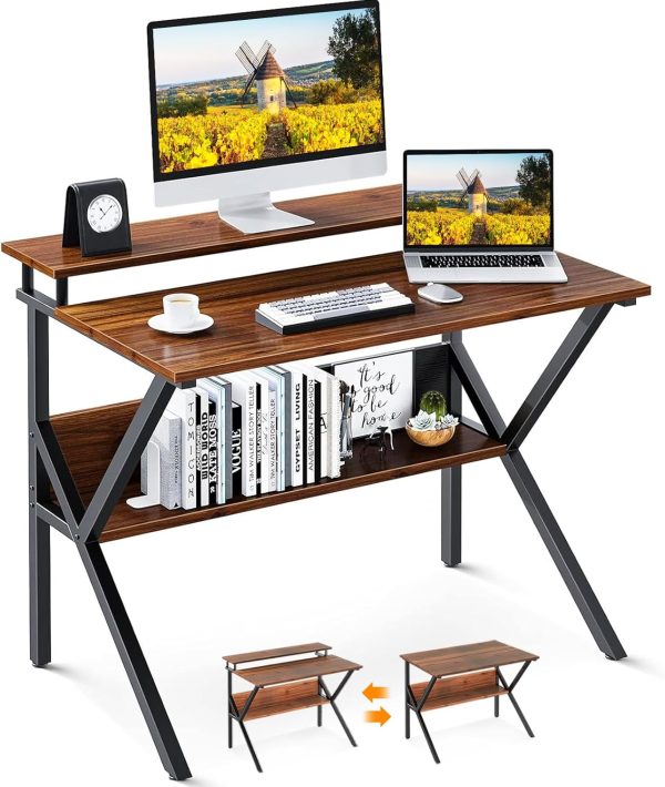 ODK 27.5 Inch Small Desk with Storage & Monitor Stand, Deep Brown | Small Computer Desk for Small Spaces, Study Desk for Bedroom