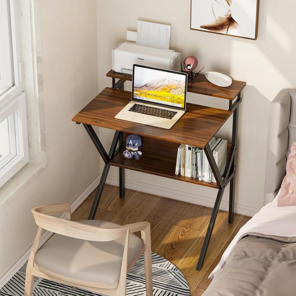 ODK 27.5 Inch Small Desk with Storage & Monitor Stand, Deep Brown | Small Computer Desk for Small Spaces, Study Desk for Bedroom