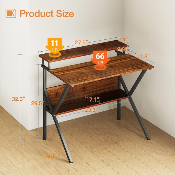 ODK 27.5 Inch Small Desk with Storage & Monitor Stand, Deep Brown | Small Computer Desk for Small Spaces, Study Desk for Bedroom