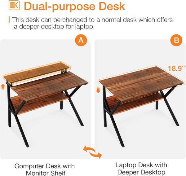 ODK 27.5 Inch Small Desk with Storage & Monitor Stand, Deep Brown | Small Computer Desk for Small Spaces, Study Desk for Bedroom