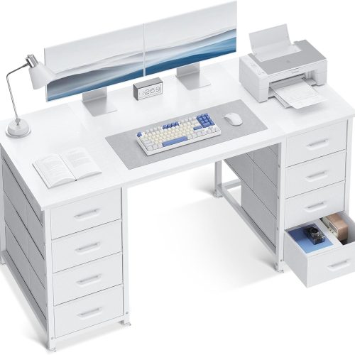 WF7387MAX_1 ODK 48 Inch White Computer Desk with 8 Fabric Drawers, Modern Office Desk with Large Storage for Home Office, Study, Gaming, White