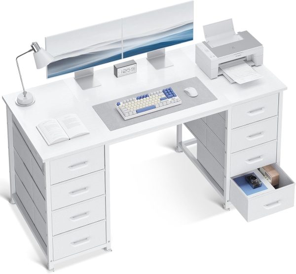 ODK 48 Inch White Computer Desk with 8 Fabric Drawers, Modern Office Desk with Large Storage for Home Office, Study, Gaming, White