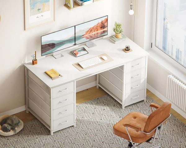 ODK 48 Inch White Computer Desk with 8 Fabric Drawers, Modern Office Desk with Large Storage for Home Office, Study, Gaming, White