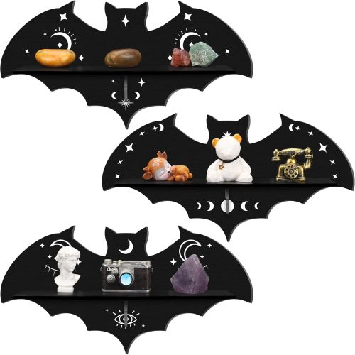 Geetery 3 Pcs Bat Gothic Wall Shelves Black 15.74 Inch with Hooks | Floating Design for Bedroom Bathroom, Celestial Moon Patterns, Display Small Figurines Crystals, Halloween Home Party Decor