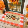 WF7619MAX_1 2Pcs Fall Door Mat Combo Set Pumpkin Welcome Doormat + 28" x 43" Orange and White Buffalo Plaid Rug for Autumn Thanksgiving Halloween Porch Entryway Indoor Outdoor Decor
