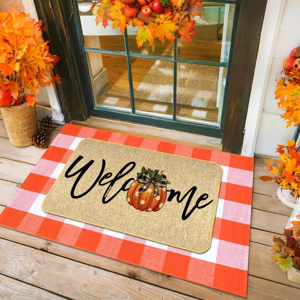 WF7619MAX_1 2Pcs Fall Door Mat Combo Set Pumpkin Welcome Doormat + 28" x 43" Orange and White Buffalo Plaid Rug for Autumn Thanksgiving Halloween Porch Entryway Indoor Outdoor Decor