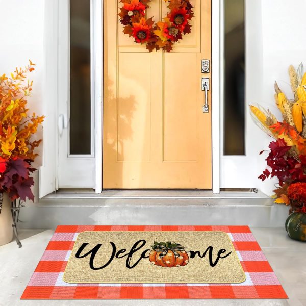 WF7619MAX_2 2Pcs Fall Door Mat Combo Set Pumpkin Welcome Doormat + 28" x 43" Orange and White Buffalo Plaid Rug for Autumn Thanksgiving Halloween Porch Entryway Indoor Outdoor Decor