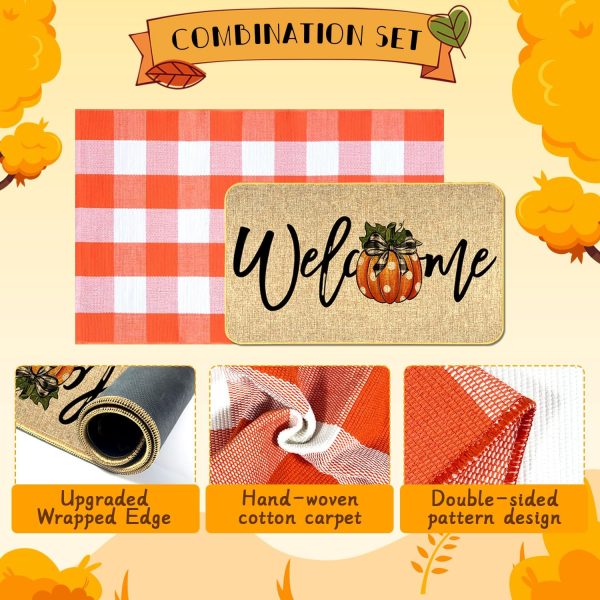 WF7619MAX_4 2Pcs Fall Door Mat Combo Set Pumpkin Welcome Doormat + 28" x 43" Orange and White Buffalo Plaid Rug for Autumn Thanksgiving Halloween Porch Entryway Indoor Outdoor Decor