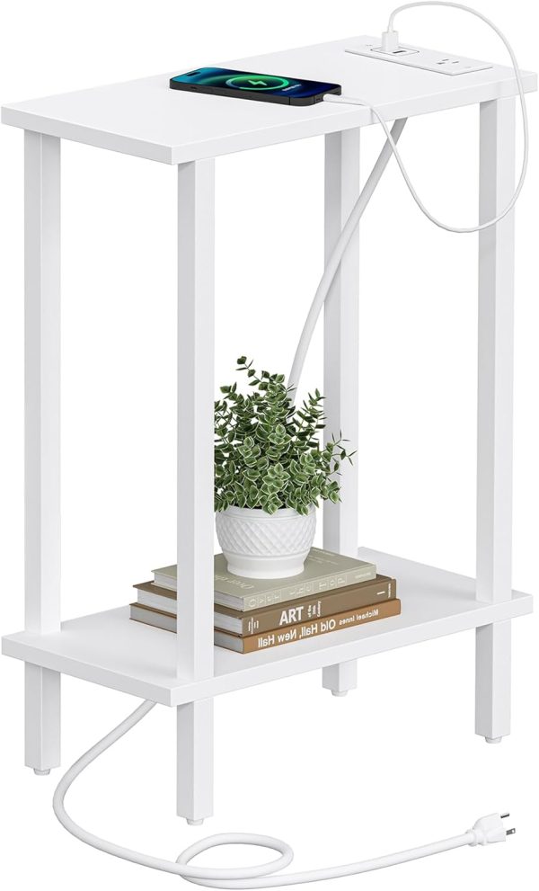 TUTOTAK Narrow Side Table, 2-Tier Small End Table with Charging Station | Skinny Sofa Table, Slim Nightstand, Easy Assembly for Living Room, Bedroom, White TB01BW060