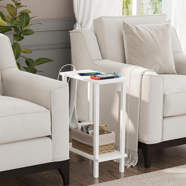 TUTOTAK Narrow Side Table, 2-Tier Small End Table with Charging Station | Skinny Sofa Table, Slim Nightstand, Easy Assembly for Living Room, Bedroom, White TB01BW060