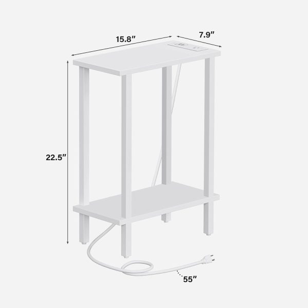 TUTOTAK Narrow Side Table, 2-Tier Small End Table with Charging Station | Skinny Sofa Table, Slim Nightstand, Easy Assembly for Living Room, Bedroom, White TB01BW060