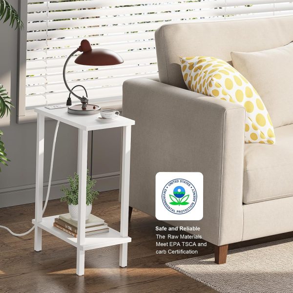 TUTOTAK Narrow Side Table, 2-Tier Small End Table with Charging Station | Skinny Sofa Table, Slim Nightstand, Easy Assembly for Living Room, Bedroom, White TB01BW060