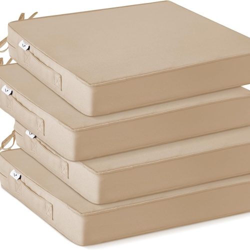 WF7776MAX_1 IPYNBAP Outdoor Chair Cushions Set of 4 -Waterproof Outdoor Seat Cushions for Patio Furniture, Patio Chair Cushion with Handle and Ties, Out Door Chair Pads,19x19x3-Square, Beige
