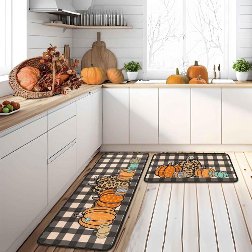 Fall Kitchen Rugs and Mats Set of 2, Thanksgiving Kitchen Rug Non Slip Backing Fall Decorations for Home Seasonal Farmhouse Holiday Autumn Harvest Low-Profile Kitchen Floor Mat 17"X47"+17"X30"