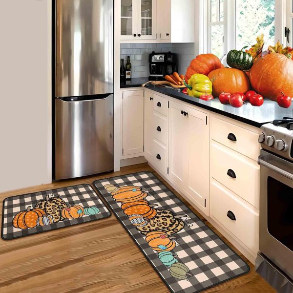 Fall Kitchen Rugs and Mats Set of 2, Thanksgiving Kitchen Rug Non Slip Backing Fall Decorations for Home Seasonal Farmhouse Holiday Autumn Harvest Low-Profile Kitchen Floor Mat 17"X47"+17"X30"