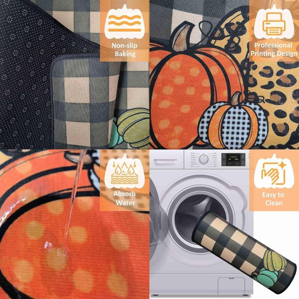 Fall Kitchen Rugs and Mats Set of 2, Thanksgiving Kitchen Rug Non Slip Backing Fall Decorations for Home Seasonal Farmhouse Holiday Autumn Harvest Low-Profile Kitchen Floor Mat 17"X47"+17"X30"