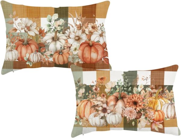 Fall Buffalo Plaid Pumpkin Throw Pillow Covers 12x20 Inch Set of 2 Autumn Thanksgiving Harvest Floral Lumbar Cushion Case Decorations for Home Porch Sofa Couch