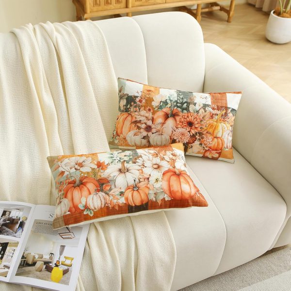 Fall Buffalo Plaid Pumpkin Throw Pillow Covers 12x20 Inch Set of 2 Autumn Thanksgiving Harvest Floral Lumbar Cushion Case Decorations for Home Porch Sofa Couch