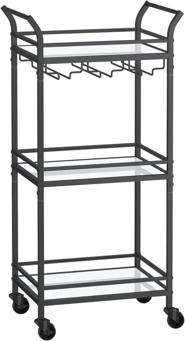 VASAGLE Bar Cart, 3-Tier Shelf, Wine Holders, Glass Holders