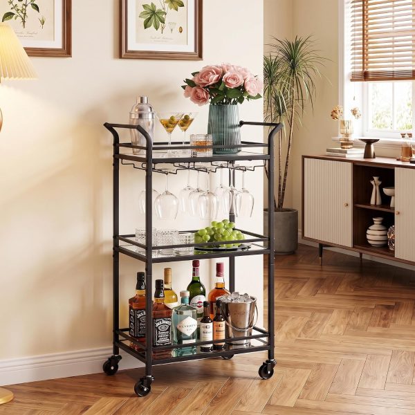 VASAGLE Bar Cart, 3-Tier Shelf, Wine Holders, Glass Holders