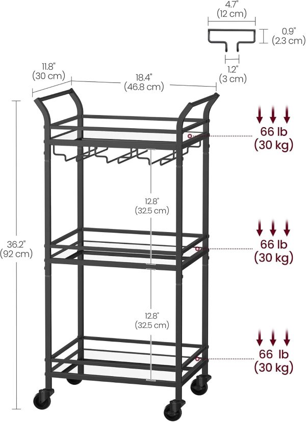 VASAGLE Bar Cart, 3-Tier Shelf, Wine Holders, Glass Holders