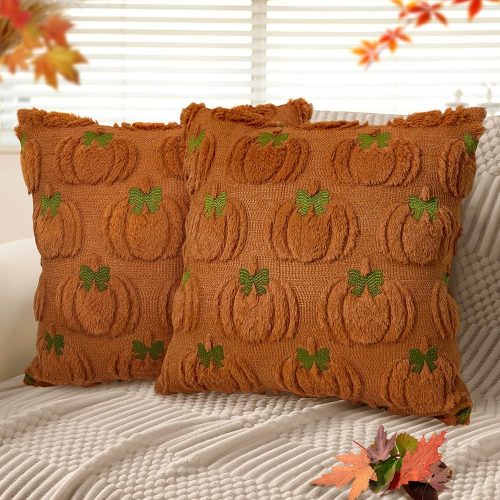 WF8025MAX_1 Fall Pumpkin Decorative Throw Pillow Covers 18 x 18 Set of 2, Thanksgiving Day Autumn Harvest Pumpkin Faux Fur Cushion Covers, Soft Embroidered Pillow Cases for Couch Bedroom Holiday Home Decor