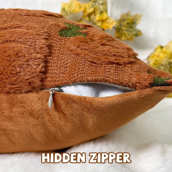 WF8025MAX_3 Fall Pumpkin Decorative Throw Pillow Covers 18 x 18 Set of 2, Thanksgiving Day Autumn Harvest Pumpkin Faux Fur Cushion Covers, Soft Embroidered Pillow Cases for Couch Bedroom Holiday Home Decor