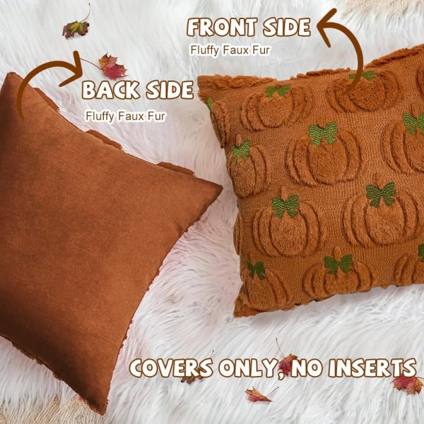 WF8025MAX_4 Fall Pumpkin Decorative Throw Pillow Covers 18 x 18 Set of 2, Thanksgiving Day Autumn Harvest Pumpkin Faux Fur Cushion Covers, Soft Embroidered Pillow Cases for Couch Bedroom Holiday Home Decor