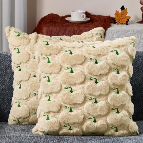 WF8031MAX_1 DFXSZ Fall Pillow Covers 18x18 Set of 2 Fall Decorations Autumn Beige Big Pumpkin Throw Pillow Cases Soft Plush Faux Fur Wool Couch Cushion Case for Chair Sofa Living Room Home Decor PTK044A18