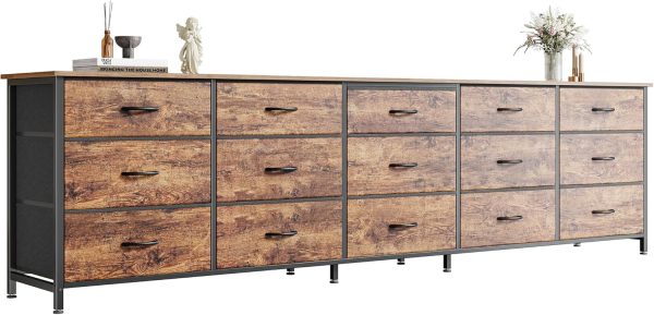 WF8104MAX_1 Huuger 78.7 inch Long Dresser for Bedroom, 15 Drawer Fabric Dresser for Closet, Large TV Stand for 65, 75, 85 inch TV, Wide Chest of Drawer with Storage, 78.7" W x 12.9" D x 26.7" H, Rustic Brown
