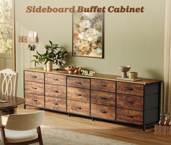WF8104MAX_2 Huuger 78.7 inch Long Dresser for Bedroom, 15 Drawer Fabric Dresser for Closet, Large TV Stand for 65, 75, 85 inch TV, Wide Chest of Drawer with Storage, 78.7" W x 12.9" D x 26.7" H, Rustic Brown