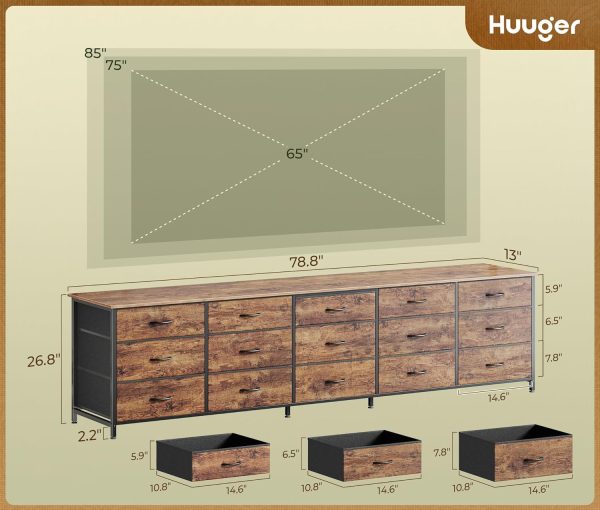 WF8104MAX_3 Huuger 78.7 inch Long Dresser for Bedroom, 15 Drawer Fabric Dresser for Closet, Large TV Stand for 65, 75, 85 inch TV, Wide Chest of Drawer with Storage, 78.7" W x 12.9" D x 26.7" H, Rustic Brown