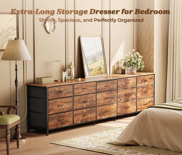 WF8104MAX_4 Huuger 78.7 inch Long Dresser for Bedroom, 15 Drawer Fabric Dresser for Closet, Large TV Stand for 65, 75, 85 inch TV, Wide Chest of Drawer with Storage, 78.7" W x 12.9" D x 26.7" H, Rustic Brown