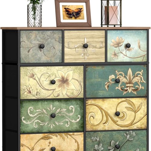 Tohomeor Dresser with Drawers for Bedroom Chest of Drawers Fabric Dresser for Closet,Nursery Entryway Hall Tree TV Stand for Living Room Retro Floral Pattern Drawers Wooden Top (9 Drawers)