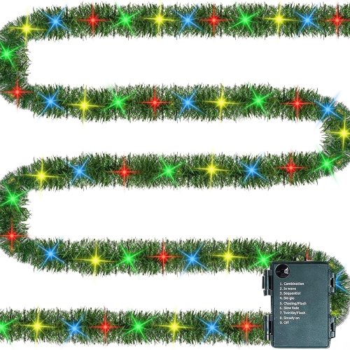 WF8308MAX_1 TW SHINE 30 FT Pre-Lit Christmas Garland Decorations, 100 LED Lighted Artificial Pine Garlands with 8 Modes, Green Garland for Indoor Outdoor Door Home Stairs Holiday Decor, Multi-Colored