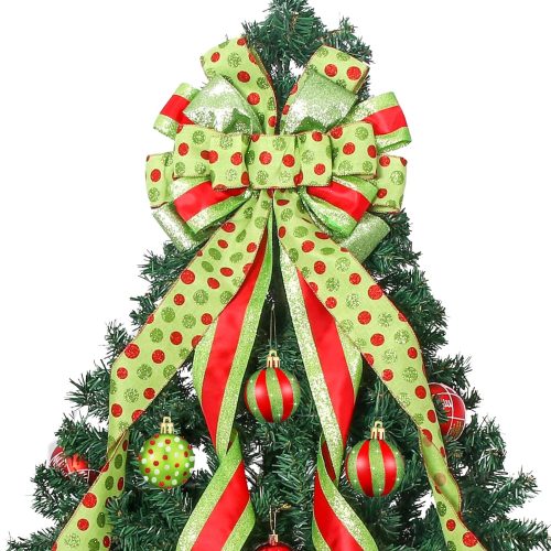 Christmas Tree Topper Wreath Bow Large Green Christmas Bow Tree Topper with Red Green Dot Patterned Gift Bows for Xmas Holiday Home Wedding Thanksgiving Indoor/Outdoor Decoration 52"x13"