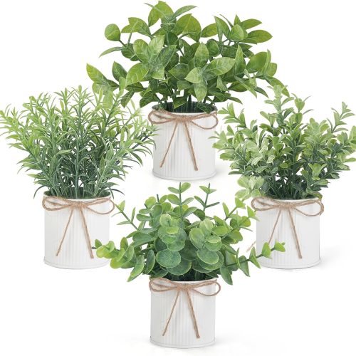 Mkono 4 Packs Small Fake Plants in Galvanized Pots Rustic Farmhouse Decor