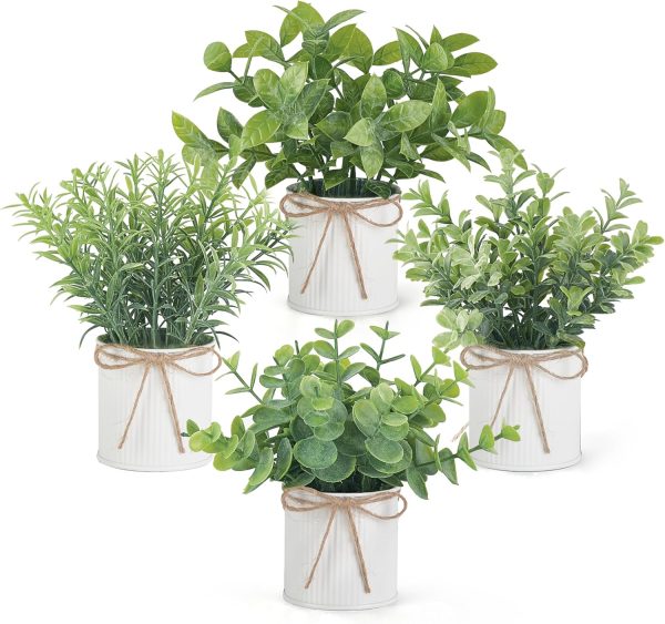 Mkono 4 Packs Small Fake Plants in Galvanized Pots Rustic Farmhouse Decor
