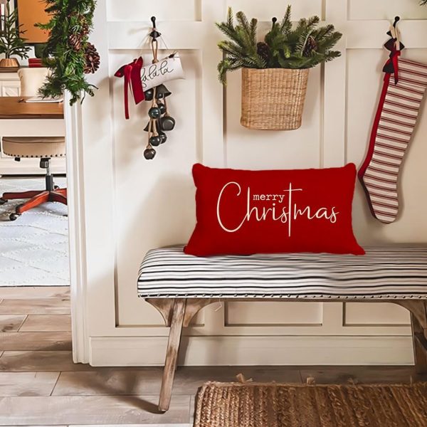 RABUSOFA Christmas Pillow Covers 12x20 Inch,Red Merry Christmas Saying Decorations Winter Decorative Throw Pillow Cases,Farmhouse Holiday Xmas Lumbar Cushion Covers for Couch Living Room(16)