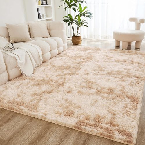 WF9346MAX_1 Litanika 4x6 Shag Area Rug for Bedroom, Tie-Dyed Beige Plush Rug | High Pile Soft Fluffy Shaggy Furry Modern Indoor Floor Rug Carpet for Bedside Playroom Dorm, Non-Slip, Non-Shedding