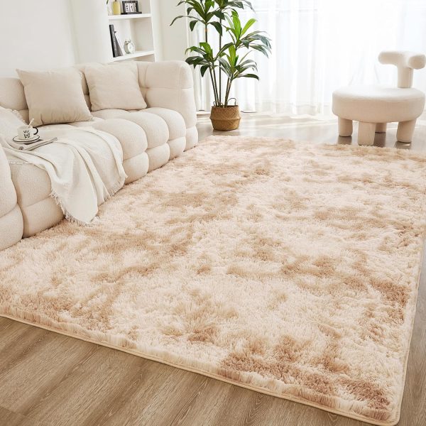 Litanika 4x6 Shag Area Rug for Bedroom, Tie-Dyed Beige Plush Rug | High Pile Soft Fluffy Shaggy Furry Modern Indoor Floor Rug Carpet for Bedside Playroom Dorm, Non-Slip, Non-Shedding